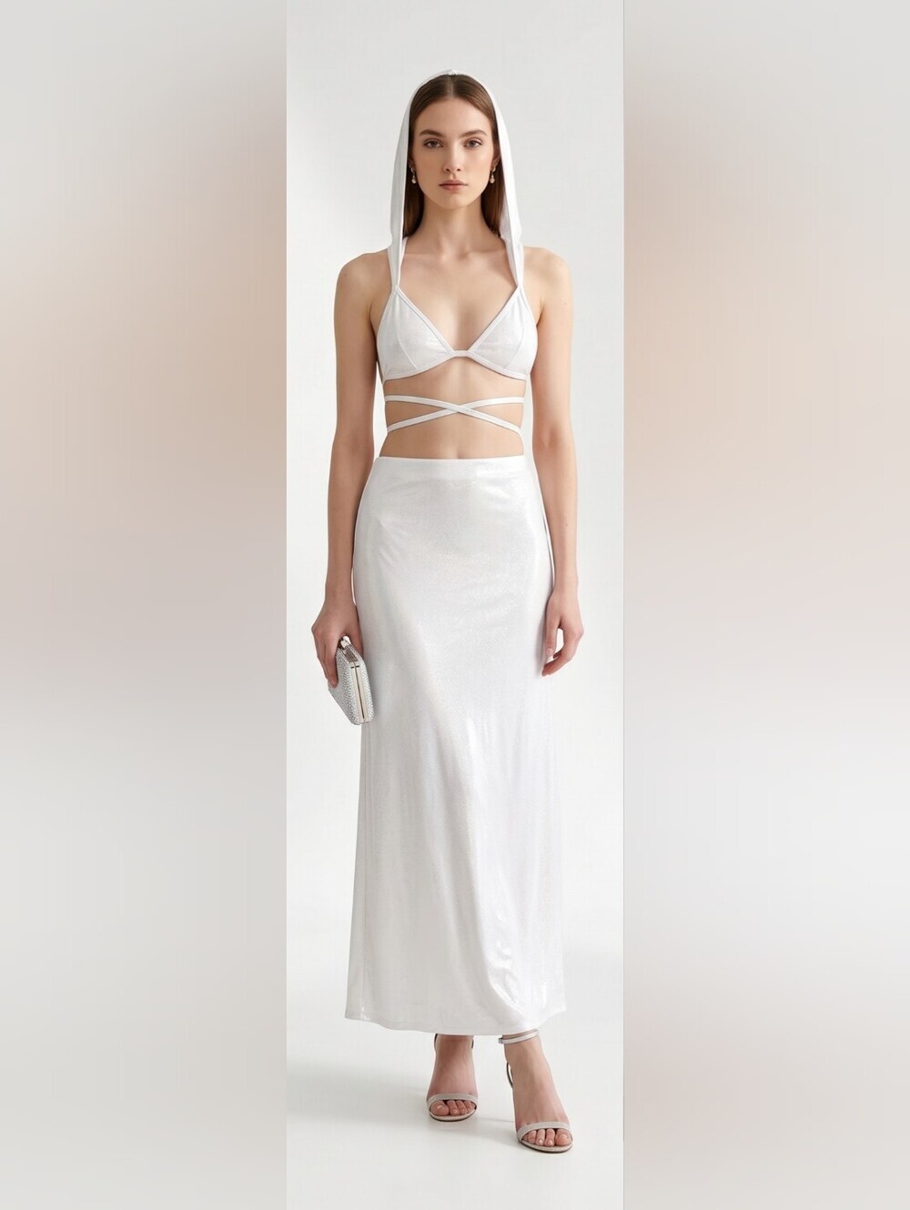 NWT Iridescent Sparkle White Festival Hooded Bralette with Crossover Tie sz XL